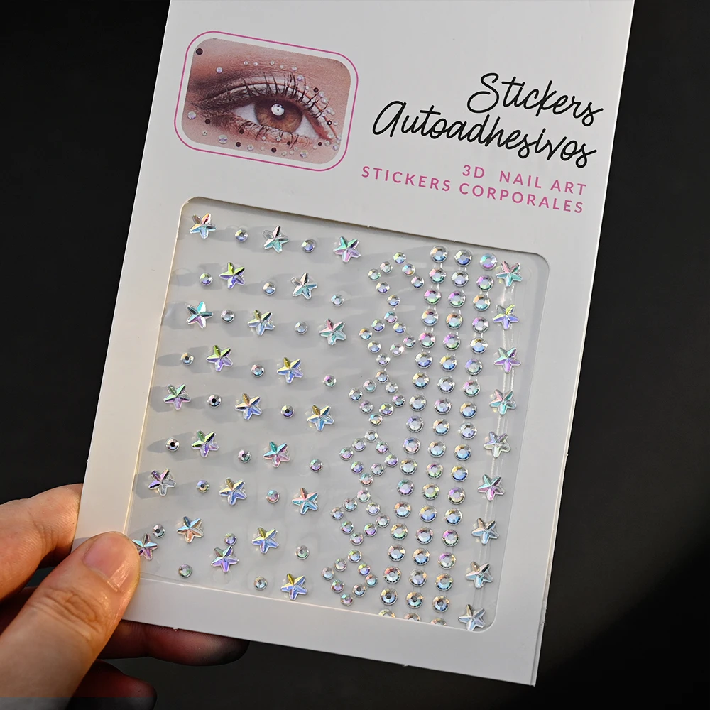 1 Blatt Stern & Mond Gesicht Edelsteine Juwelen Aufkleber Herz glänzende Strass Augen Make-up temporäre Tattoos Dekoration für Musik Festival – Detail 8