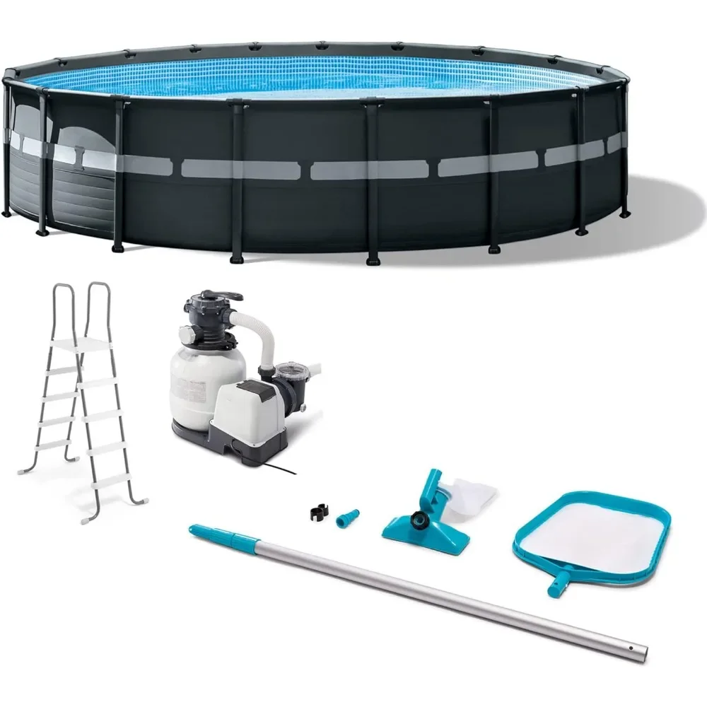 

Frame Above Ground Swimming Pool with Sand Filter Pump, Ladder, Cover, & Maintenance Accessory Kit with Outdoor Hot Tubs