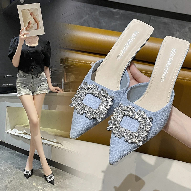 

Новый стиль 2025 года, популярные женские роскошные модные свадебные туфли-лодочки на высоком каблуке, женские сандалии с острым носком и стразами, женская обувь