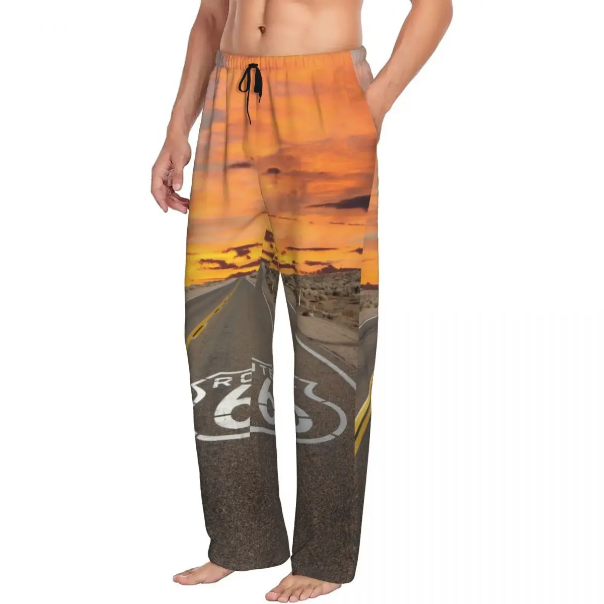 Custom Men America Highway Routes 66 Pajama Pants Printed Main Street of America Sleep Sleepwear Bottoms with Pockets