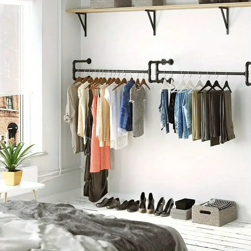 Industrial Pipe Clothes Rack Wall Mounted Hanging Pots Rod Hold up 43 Hangers