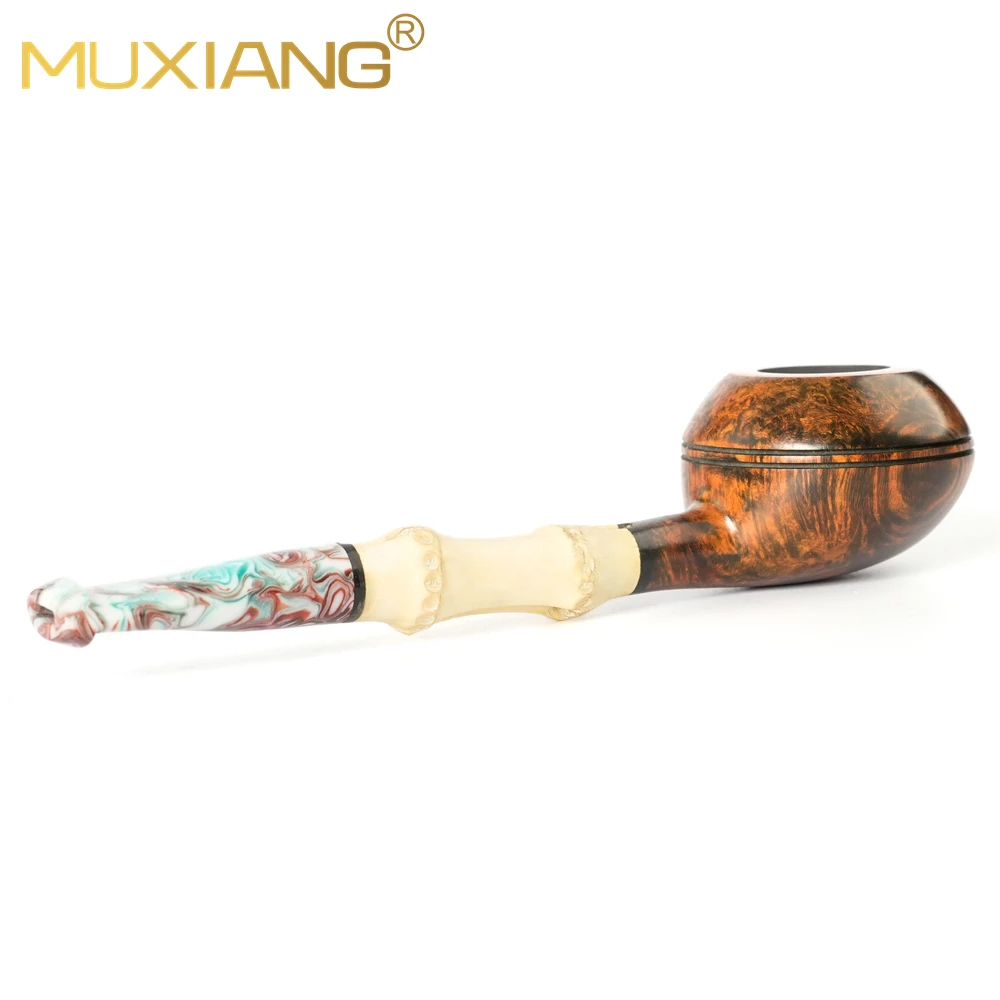 MUXIANG Briarwood Tobacco Pipe Bamboo Solid Wood Pipe Colored Acrylic Pipe Mouth Straight Handle Pipe 9mm Pipe Channel