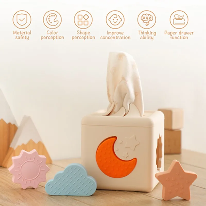 Montessori Shape Matching Toys Paper Towel Decoration Box Silicone Star Moon Shaped Teether Free BPA Baby Room Decoration Gift