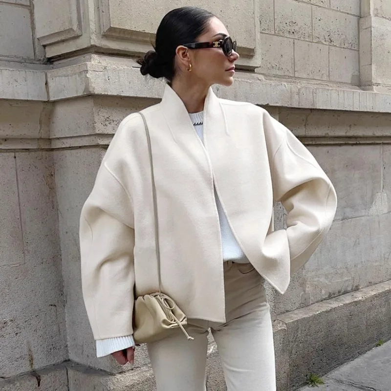 Women Stand Collar Short Wool Coat Open Front Loose Drop Shoulder Batwing Sleeve Elegant Double Faced Outerwear