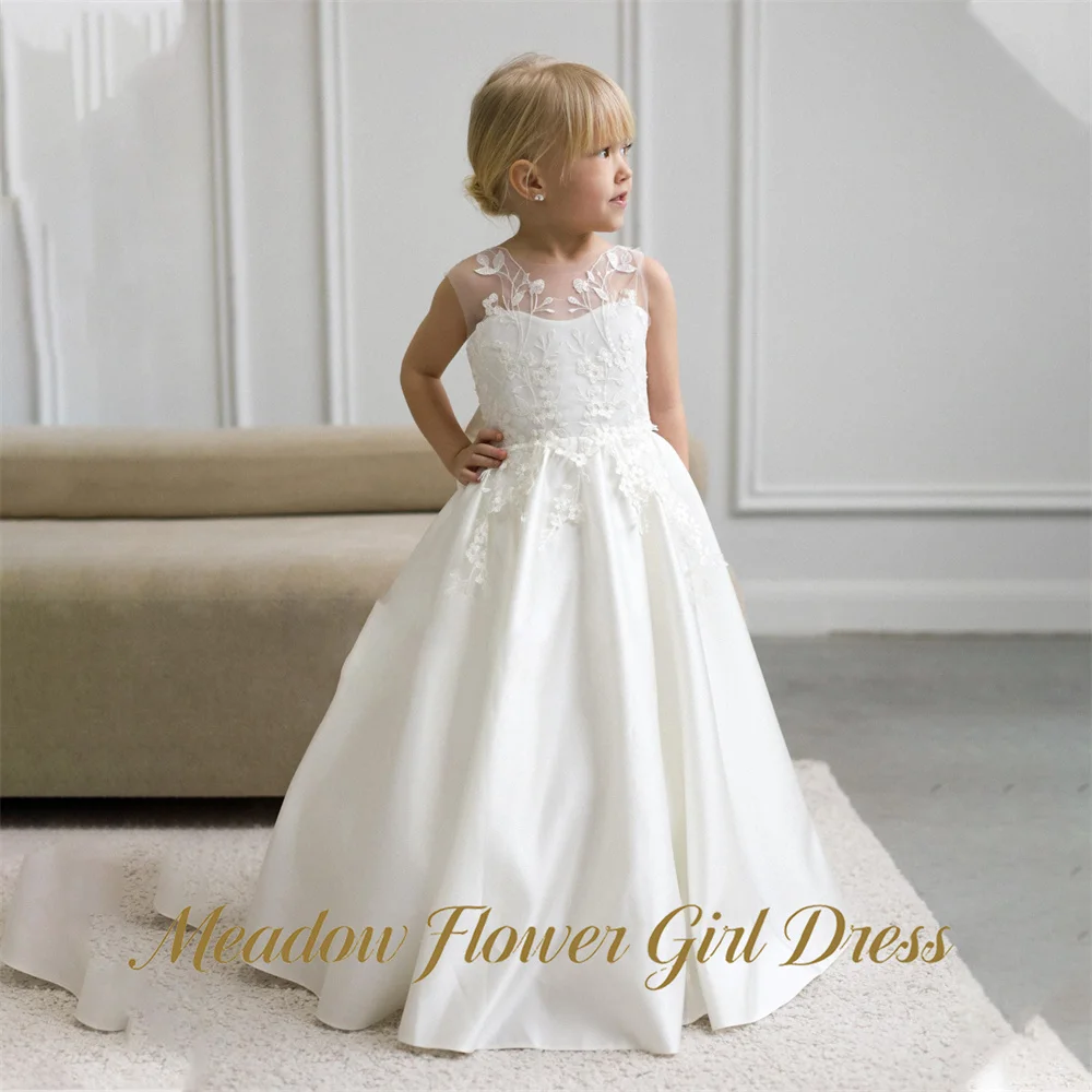 Meadow Ivory Kids Birthday Party Dress Round Neck Sleeveless Pageant Dress for Girl Floral Lace Appliqués First Communion Gown