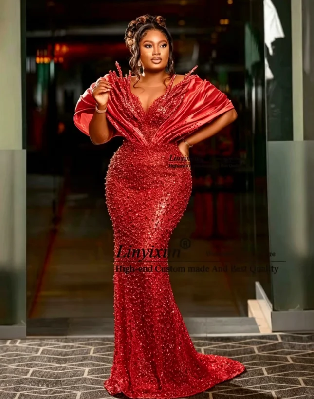 Glitter Beaded Sequin Mermaid Prom Dresses Customized Off Shoulder Evening Party Gown Aso Ebi African Dubai robes de soirée