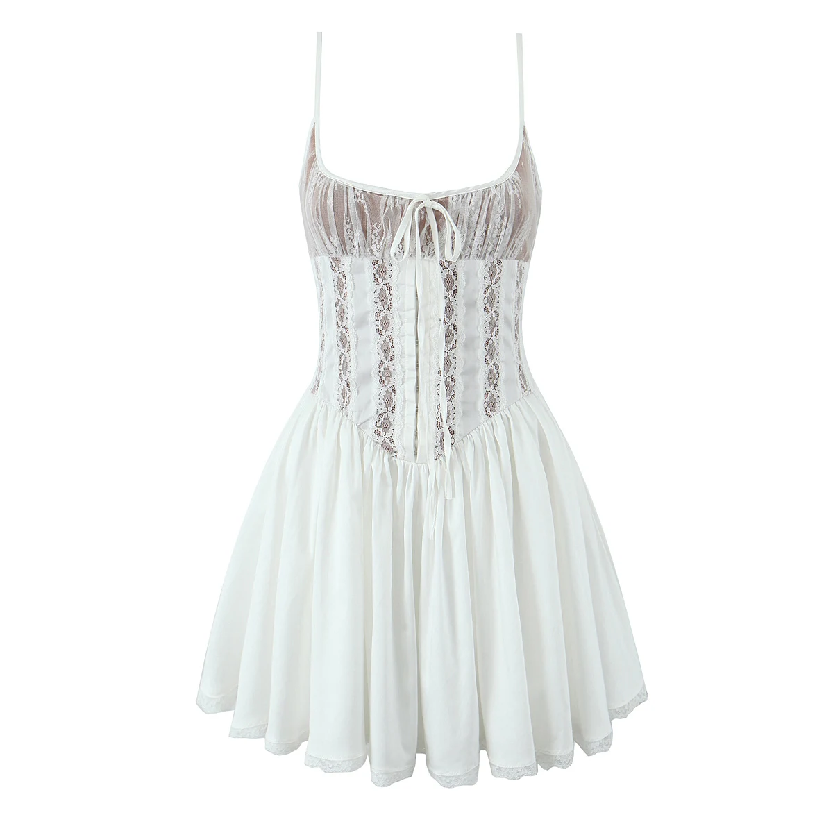 

Sexy White Metal Hook Buttons Waist Spliced Lace Ruched Chest Sling Mini Dress Women Bow Collar Low Waist Pleated Swing Robe