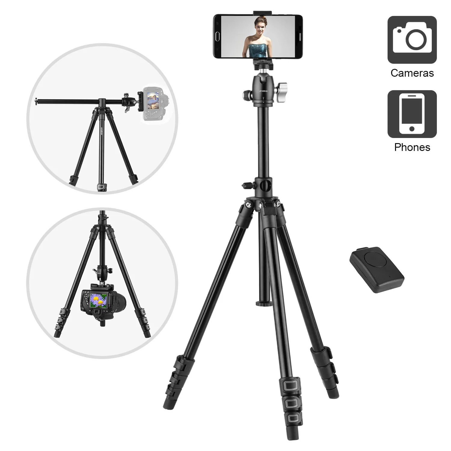 Q160H Portable Camera Tripod Horizontal Mount Professional Travel Tripod with 360 Degree Panorama Ball Head Phone Holder Remote