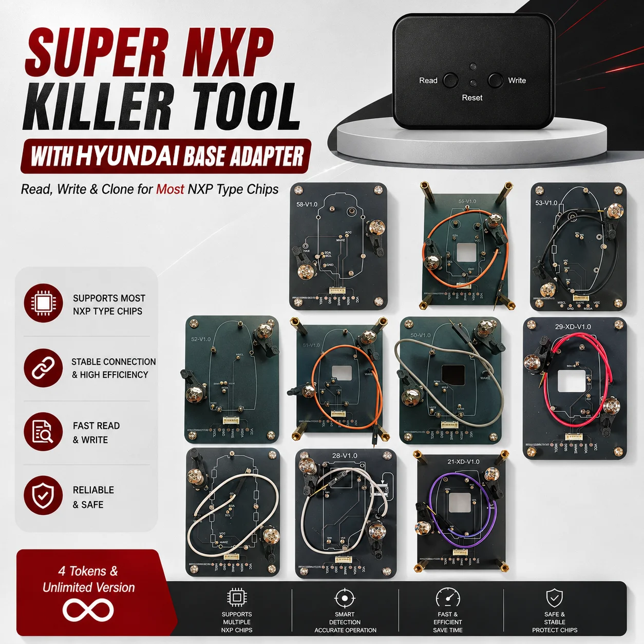 Super NXP Killer Read Copy Device With Adapter Base For Hyundai Key All NXP Smart Keys Clones 4 Tokens &  Unlimited Version