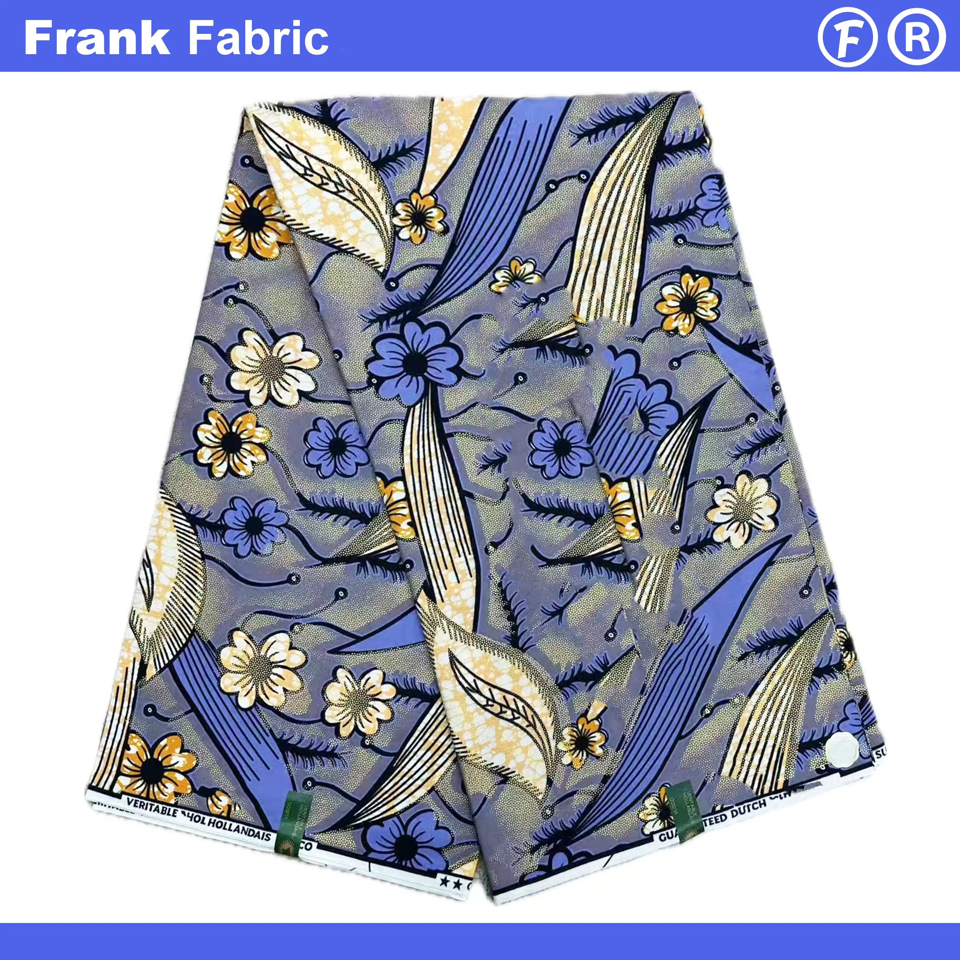 

Голландская блестящая восковая ткань с золотыми африканскими принтами, 6 ярдов, ткань Grand Super Ankara Hollandais Batik для шитья платья FF2508.030