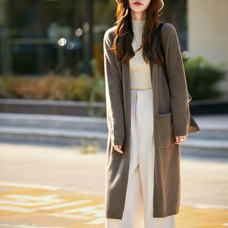 

Осень-зима, простой кардиган из 100% шерсти, свитер без воротника и карманов, свободная универсальная женская кашемировая куртка, высококачественная толстая теплая куртка