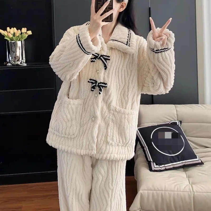 Winter Flannel Pajama Set for Women Warm Sleepwear Long Sleeve Pajamas Princess Style Nightwear Suit Casual Thick Home Clothes