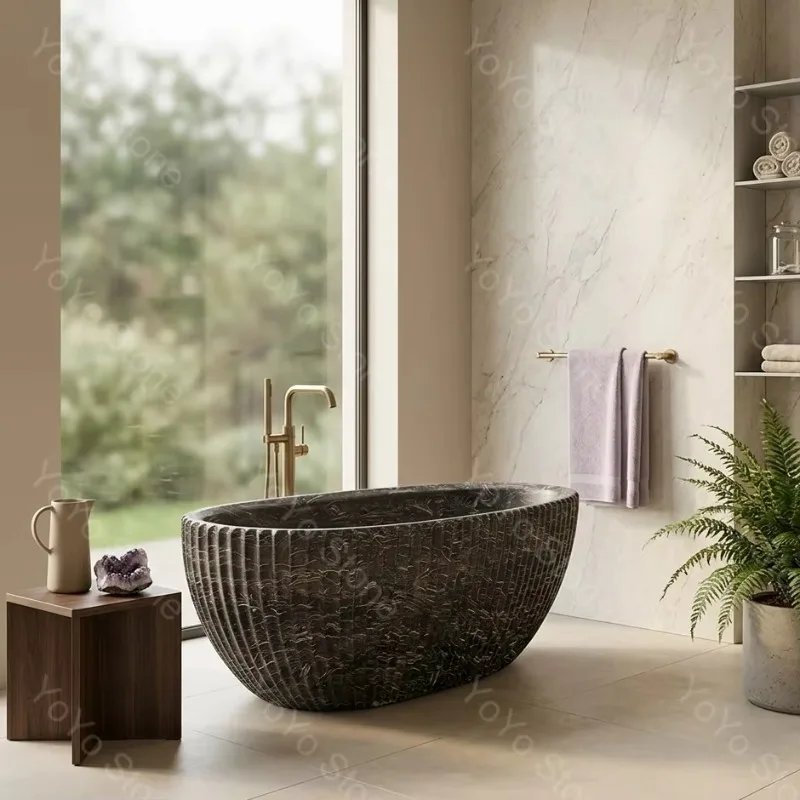 Modern Round Black Marble Bathtub Hand Carved Fluted Freestanding Whirlpool Bathtub For Luxury Hotel Bathroom