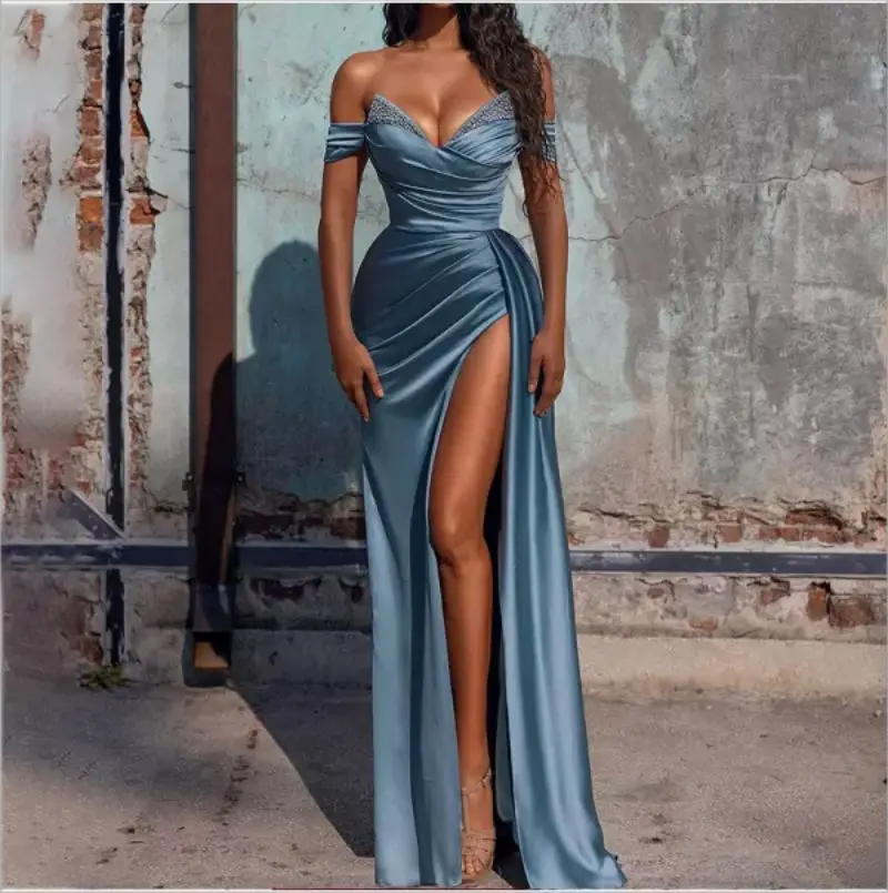 Evening Dresses 2024 Off Shoulder Mermaid Evening Dress Side Slit Beading Saudi Arabia Cocktail Party Gown Plus Size