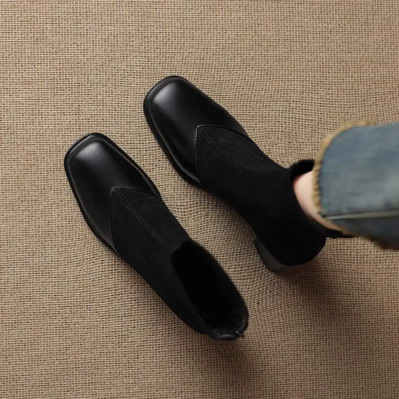 Krazing Pot Microfiber Square Toe Med Heels Zipper Chelsea Boots Keep Warm Winter Shoes Patch Work England Design Ankle Boots