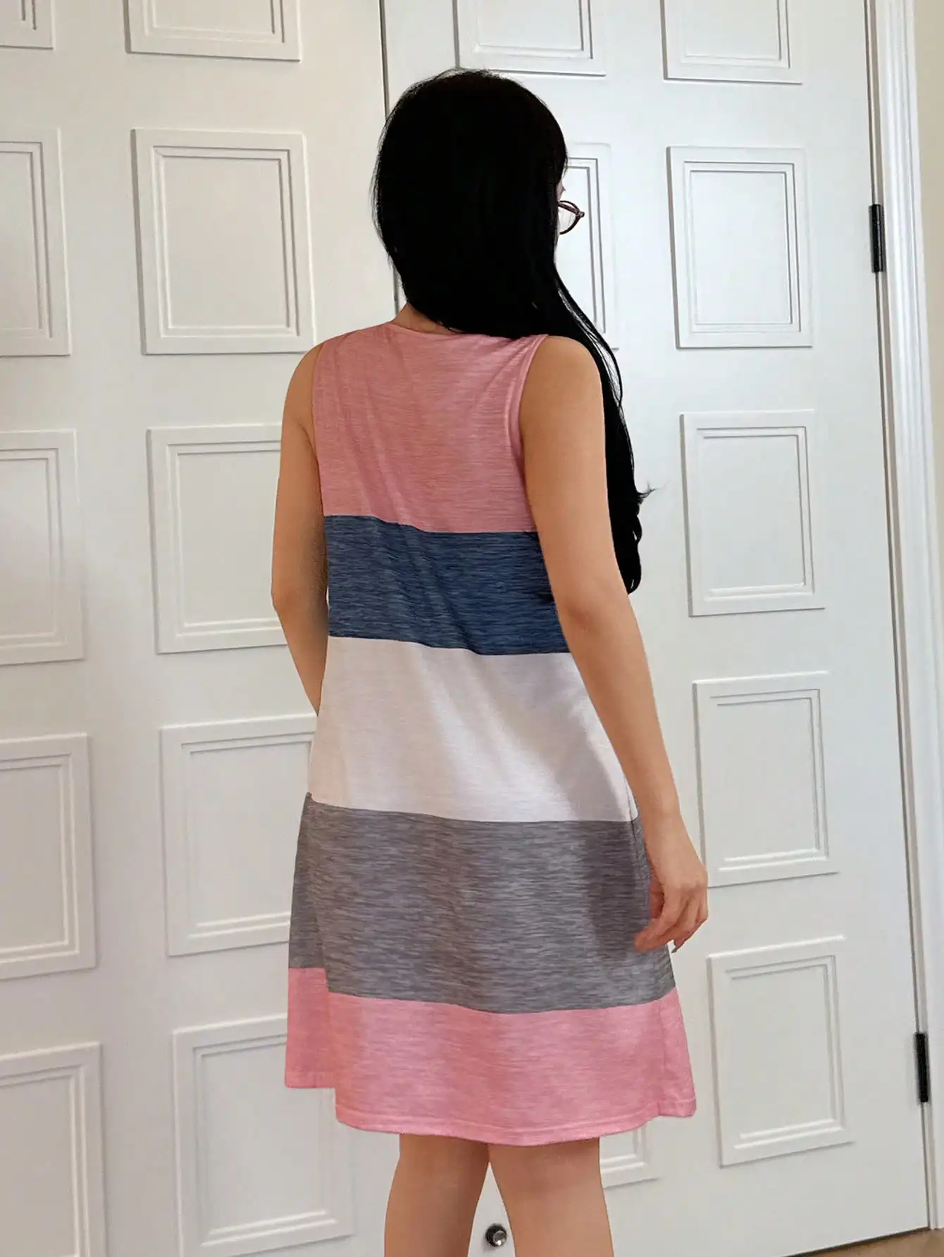 

Colorblock Striped Sleeveless Lounge Dress for Women - Soft Knit Sleepwear
