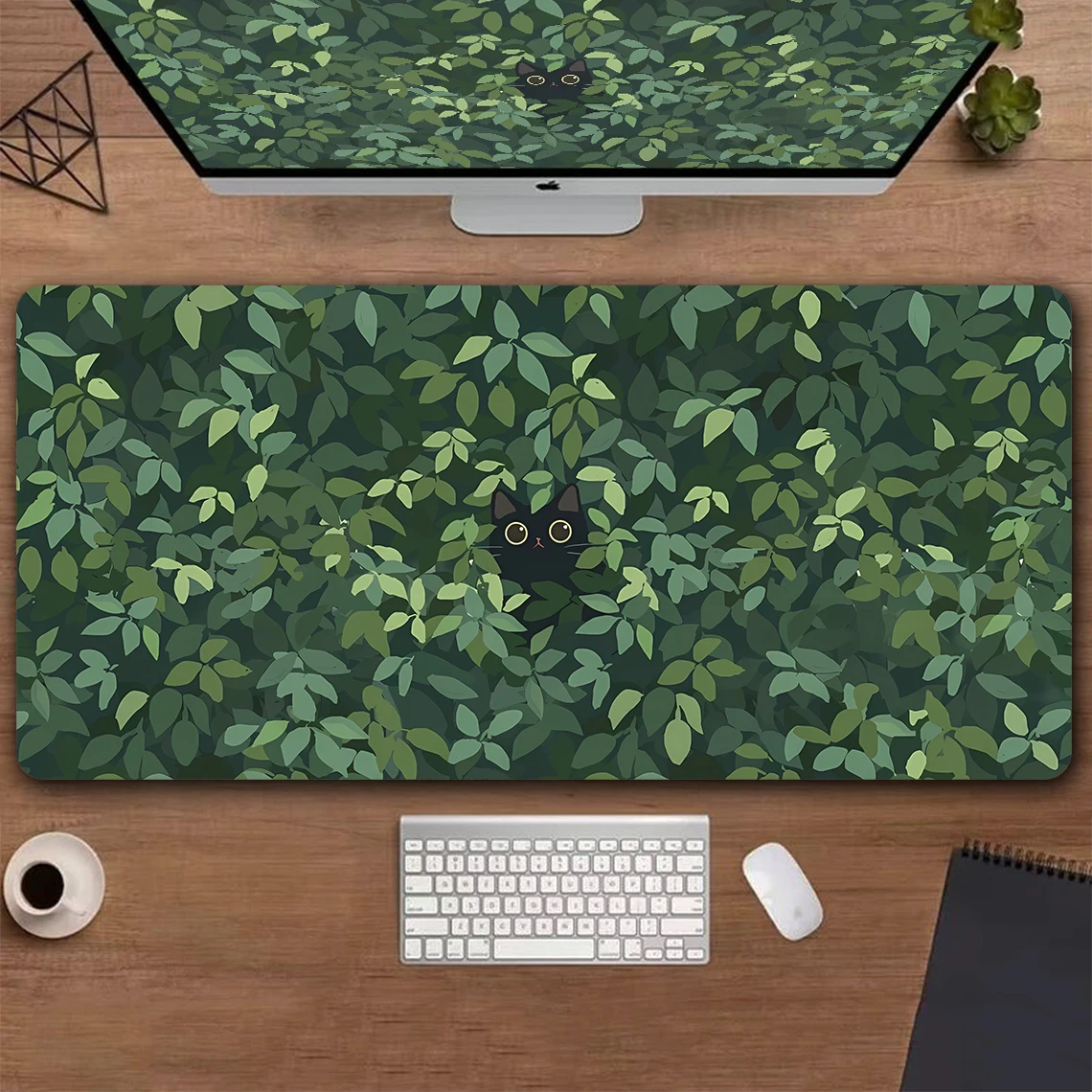 Cute Green Desk Mat Kawaii Black Cat Mousepad Aesthetic Plants Nature Laptop Rug Round Mousepad Large Gaming Deskmat mouse Pad