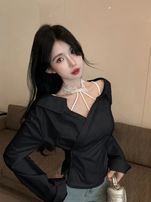 Sweet And Spicy Girl Irregular  Collar Shirt Women Summer Sexy One Shoulder Top Neck Hanging Strap Two Piece Set Commute ... view 3