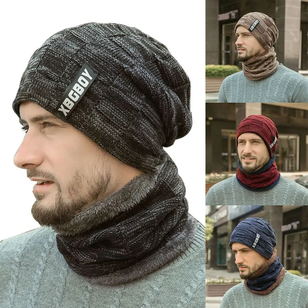 

Fashion Winter Men's Beanie Hat Scarf Set Thick Fleece Lined Neck Warmer Skullies Bonnet Warm Ski Cap