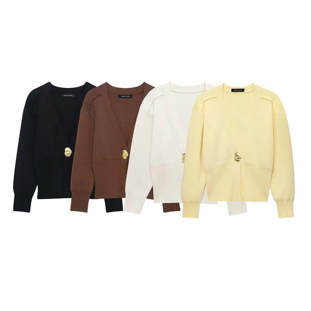 

Осень 2025 г., повседневный шикарный женский вязаный кардиган, свитер, однотонный v-образный вырез, пуговицы, вязаные кардиганы с длинными рукавами, модные свитера