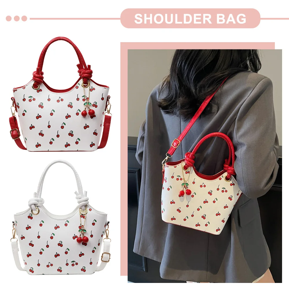 

Leather Bucket Fashion Shoulder Bag for Women Cherry Printed Crossbody Bag Stylish Small Tote Handbag with Pendant for Commuting
