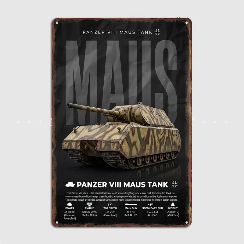 Panzer VIII Maus Tank Infographic Poster Metal Sign Posters Bedroom Custom Wall Decorations Room Decoration Interior Home Decor