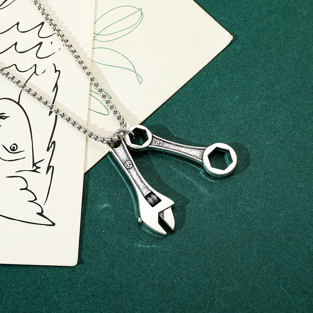 Wrench Pendant Necklace Vintage Antique Silver Tool Shape Box Chain Necklaces, Mechanic Engineer Jewelry Gift for Men