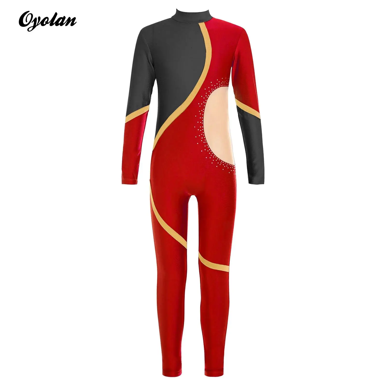 Kids Girls Rhythmic Gymnastic Jumpsuit Ballet Dance Leotard Shiny Rhinestones Untard Full Length Bodysuit Figure Skating Costume