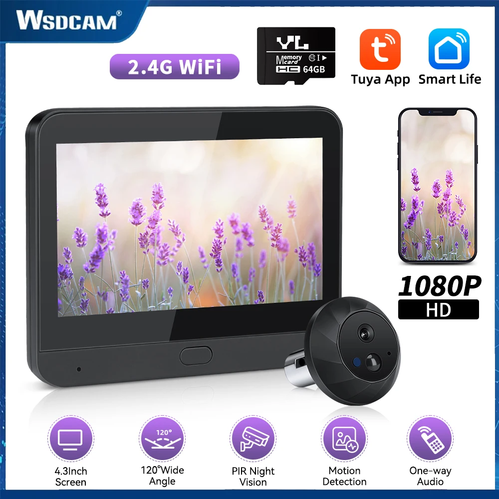 

Wsdcam 3MP Smart Life Tuya 1080P Wi-Fi дверной звонок глазок камера 5000 мАч батарея PIR датчик движения цифровой дверной мониторинг