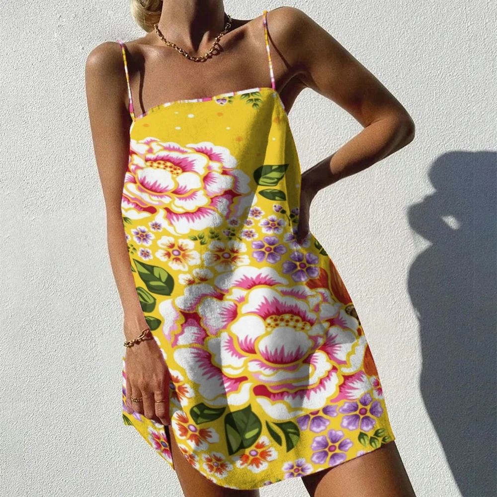 

Casual Yellow Mini Dress for Women, Loose Chic Flower, Graphic Printing, Trend, New Beach Vacation Party Dresses, Sexy Clothes