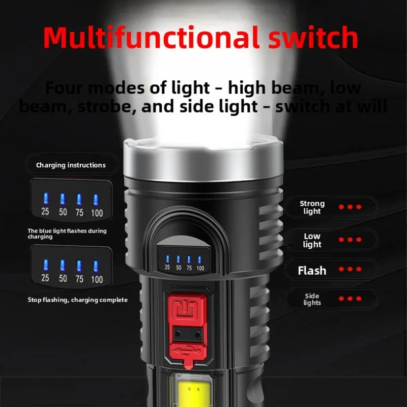 Outdoor Portable LED Flashlight: Super Bright Rechargeable, COB Side Light, Long-Lasting Searchlight for Home Emergency