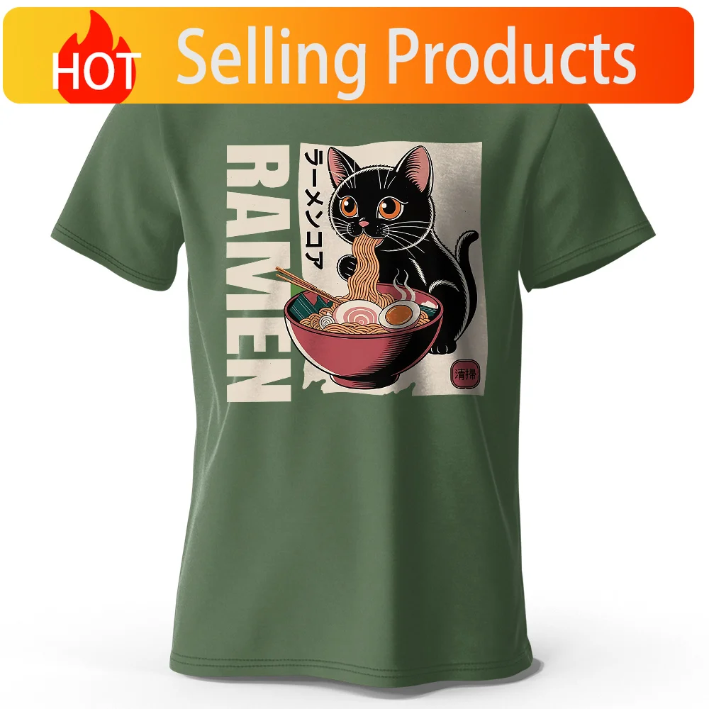 Men's Ramen Printed T-Shirt 100% Cotton Oversized Japanese Graphic Tees for Women Summer Tops Noodle Streetwear