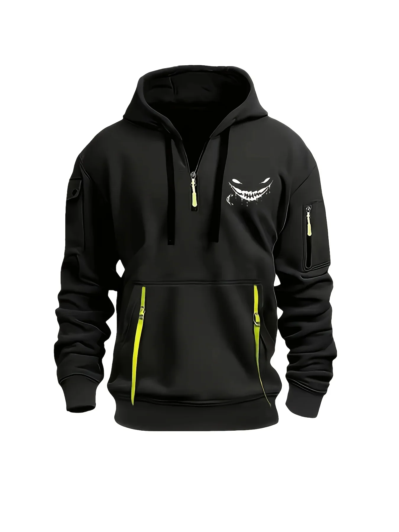 Autumn and winter men's and women's exquisite multi pocket zipper hooded sweatshirt with terrifying smiling face pattern print