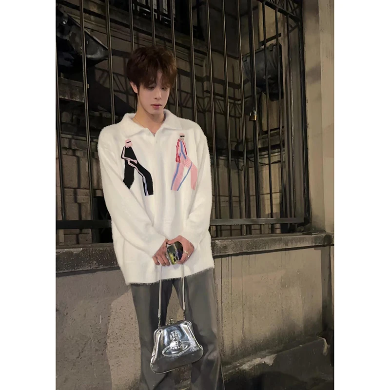 

Белый мужской трикотажный свитер Camere с воротником, вышивкой, в корейском стиле, осенне-зимний, премиум-класса