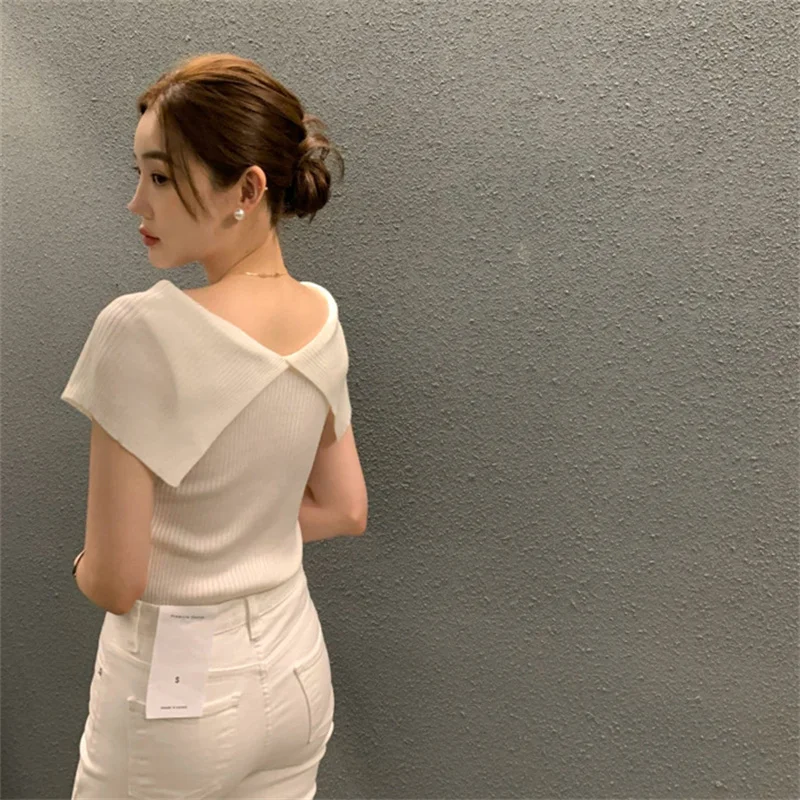 Summer Korean Style Women Solid Color Off Shoulder Lapel Elegant Versatile Slim Knitted T-shirt Office Lady Casual Tops