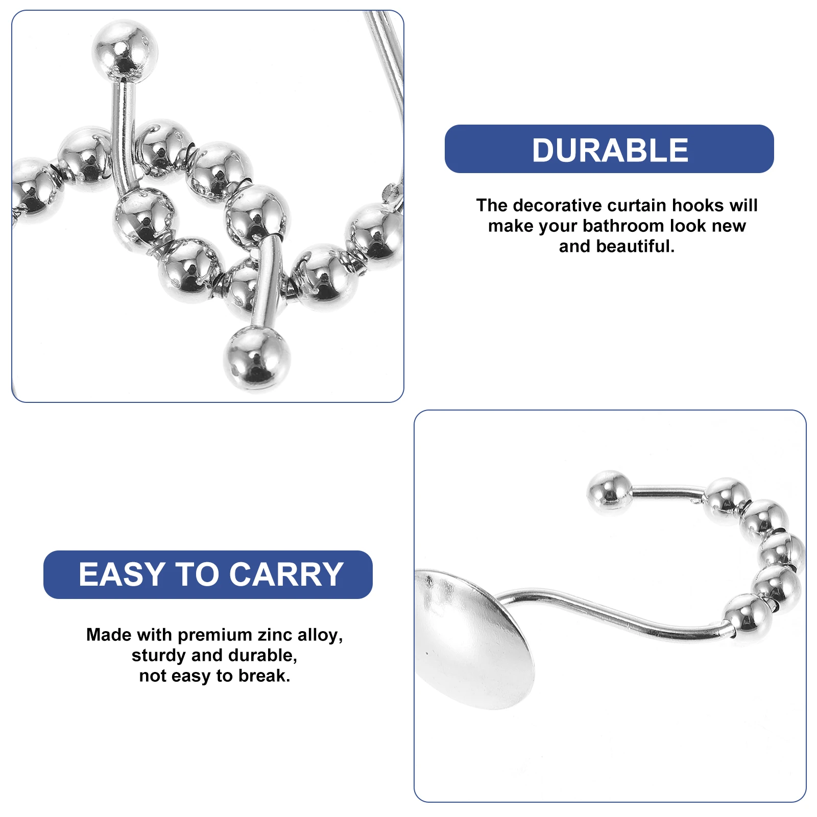 

12pcs Shower Hooks Zinc Alloy Heavy Duty Roller Beads Smooth Shower Hooks For Curtain Rods Accessories