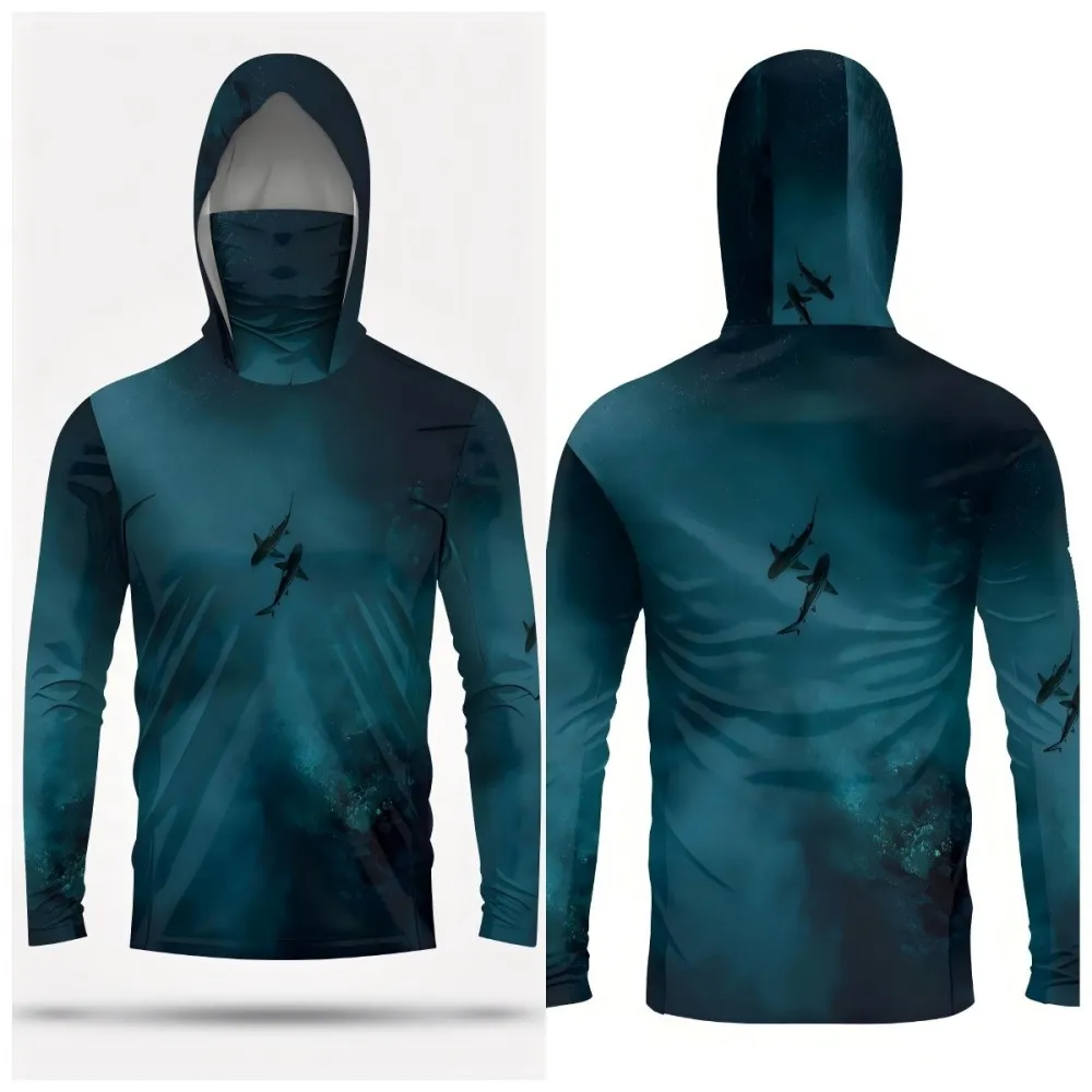 American Men's Summer Personalized Sea Shark Gradient Print Soft Breathable Fishing Suit Long Sleeved T-Shirt Outdoor Casual Top image 3