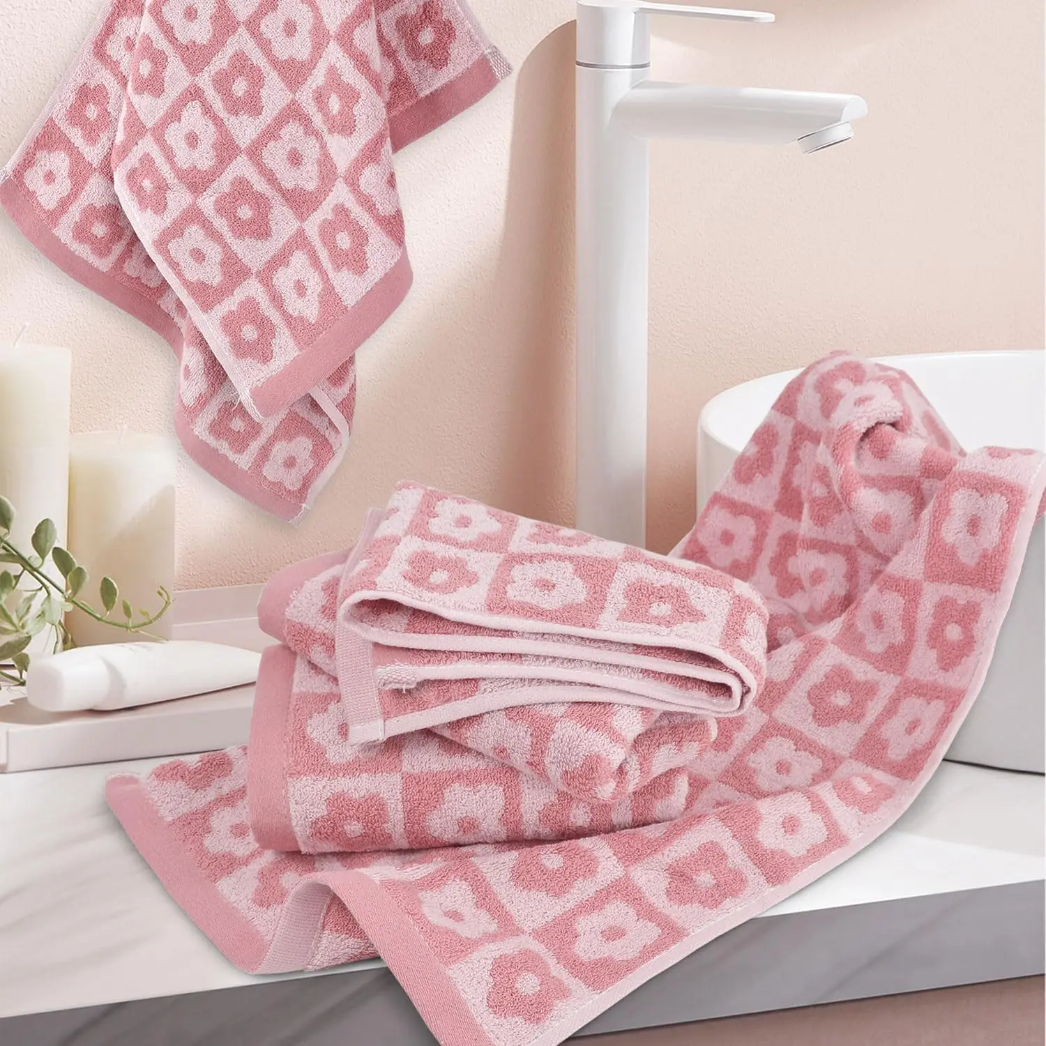 Cotton Hand Towels Pink Checkered Floral - Quick Drying Hand Towel , for Women Girls Summer Bathroom Decor