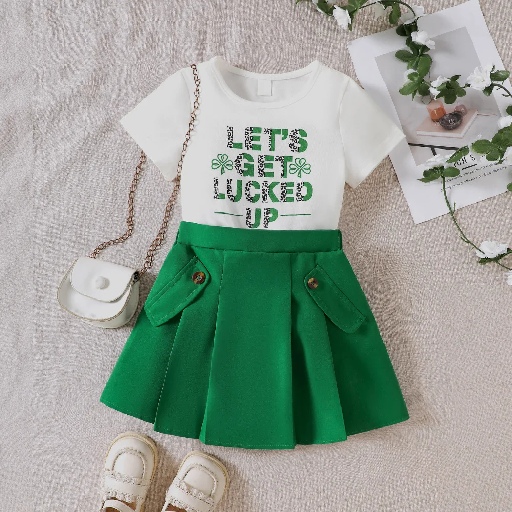 New Letter Printed T-shirt Pleated Skirt Set for Girls Spring and Summer 2025 New Children Casual Set