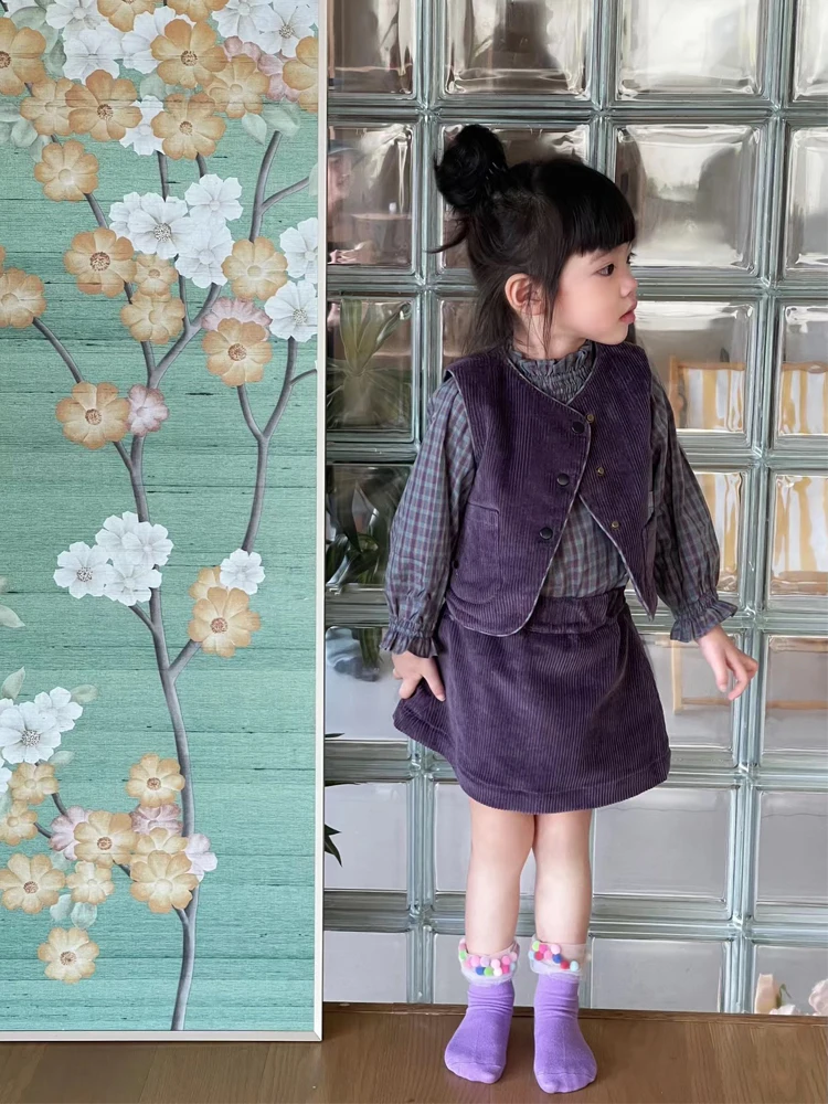 Girls Purple Suits Children 2024 New Autumn Collection Fashion Vest Top and Skirt Two-piece Set Clothes Korean Simple Style