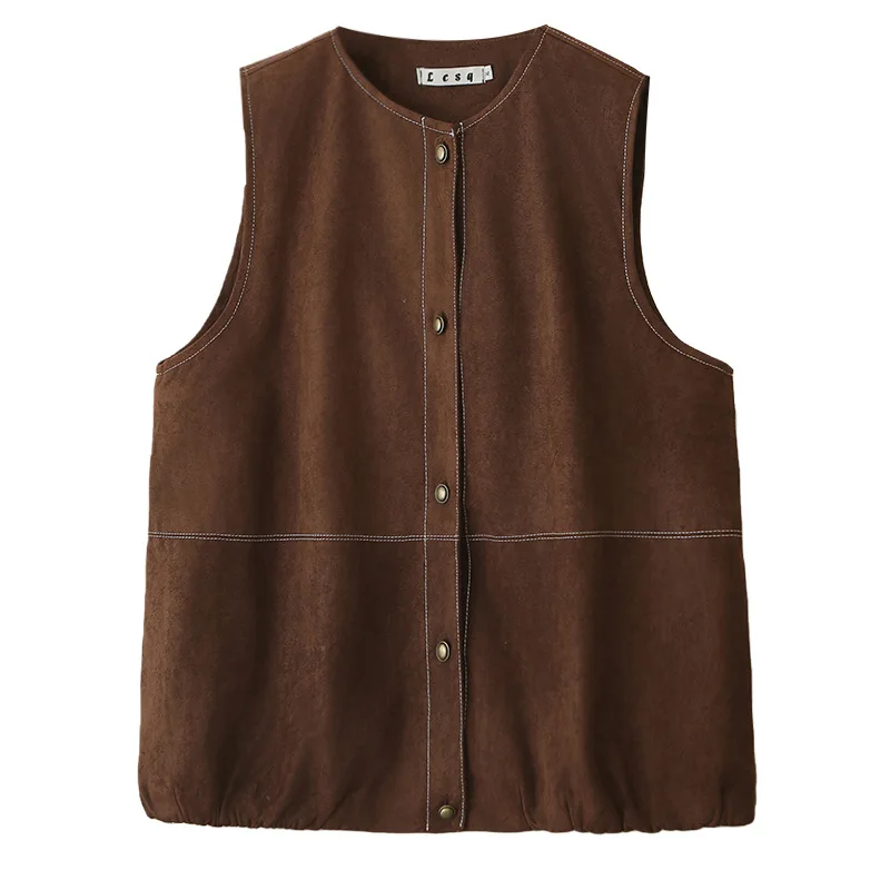 

XXXXL Fashion Plus Size Woman Clothing Suede Vest 2026 Spring Loose Round-neck Sleevelss Waistcoat 8336