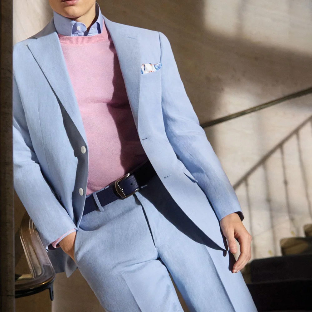 

Linen Fabric Man Suit Casual Notch Lapel Trends Costumes Fashion Suits Single-Breasted Men's Two-Piece Set Stylish Lightweight