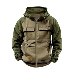 2024 Retro Cargo Hoodies Men's Half Zipper Solid Warm Fleece Sweatshirts Multi Pockets Male Hooded Jackets Thick Outdoor Hooded