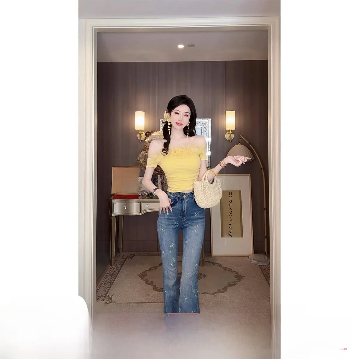 

Syqiao High Waist Slim Fit Denim Jeans Fashionable Versatile Micro Flared Diamond Studded Casual Spring Summer Blue Jeans