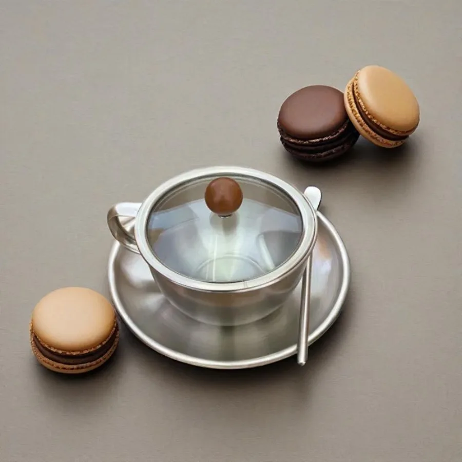 

Винтажная кофейная чашка из нержавеющей стали, 300 мл, металлический чайный сервиз 304, большая вместительная чашка с защитой от ожогов и тарелка с крышкой, утолщенный набор кружек