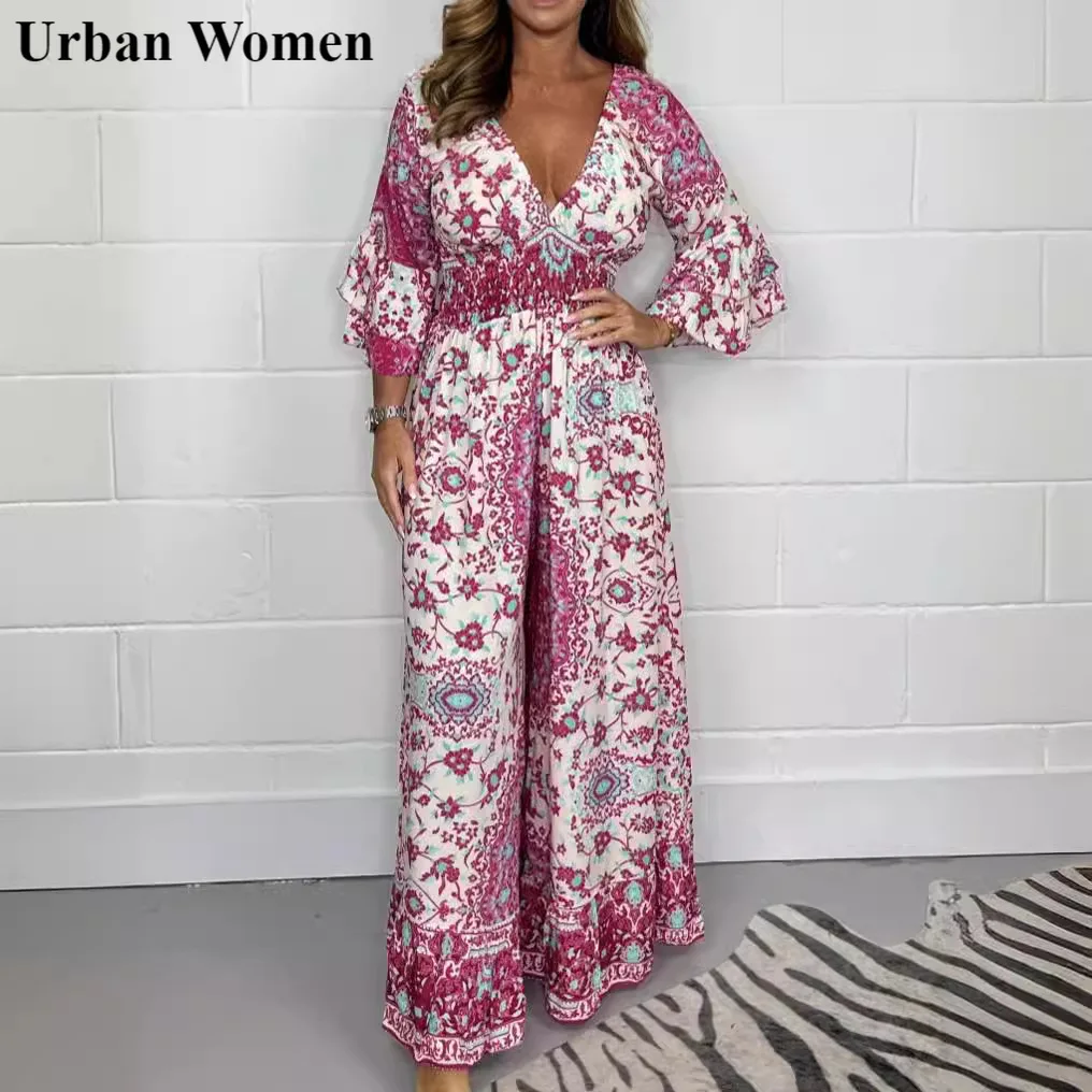 

Summer Fashion Printed Jumpsuit Women Casual V-neck Short Sleeved High Waisted Wide Leg Jumpsuit Women