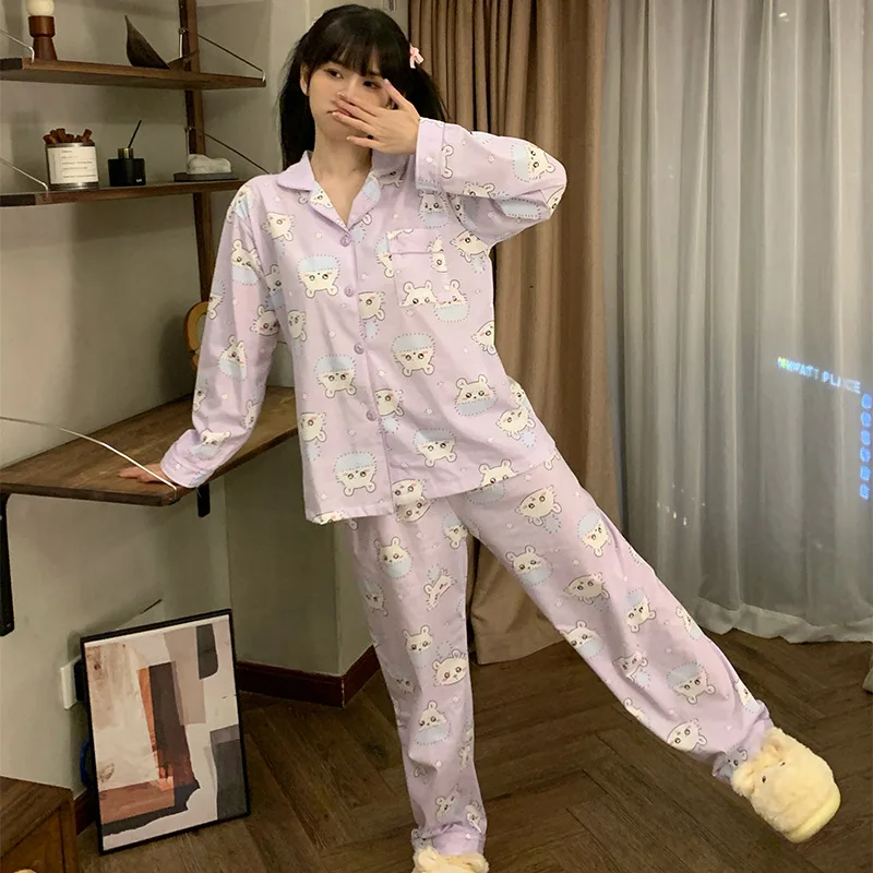 Anime Chiikawa Pure Cotton Pajamas Women's Long Sleeved Homewear Cartoon Momonga Home Clothes Set Girl Pajamas Holiday Gift