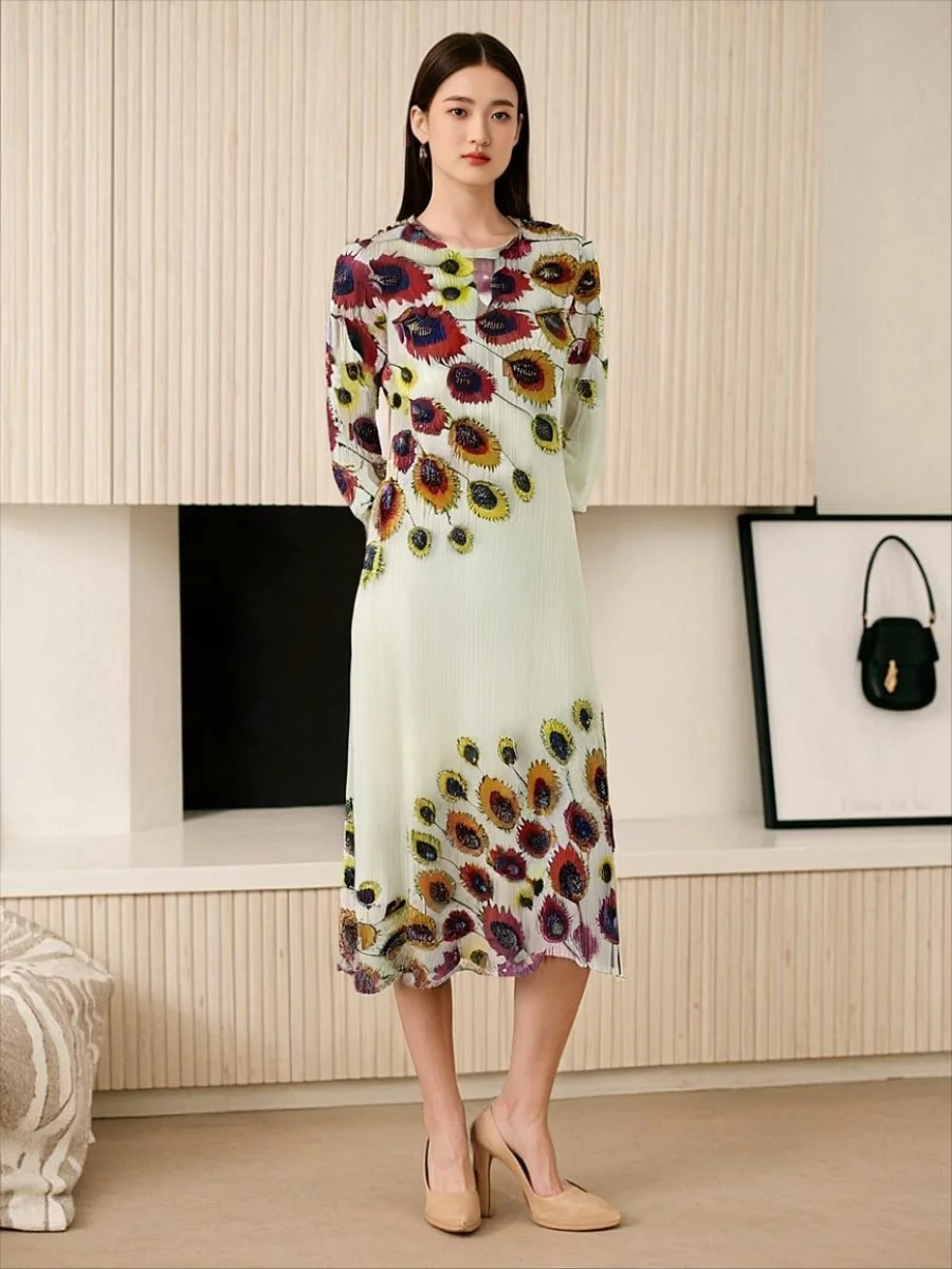 

2025 Miyake Fold Spring/Summer New Women's Long Skirt V-neck Long Sleeve Fashion Pocket Printed Loose Fold Dress Pleated