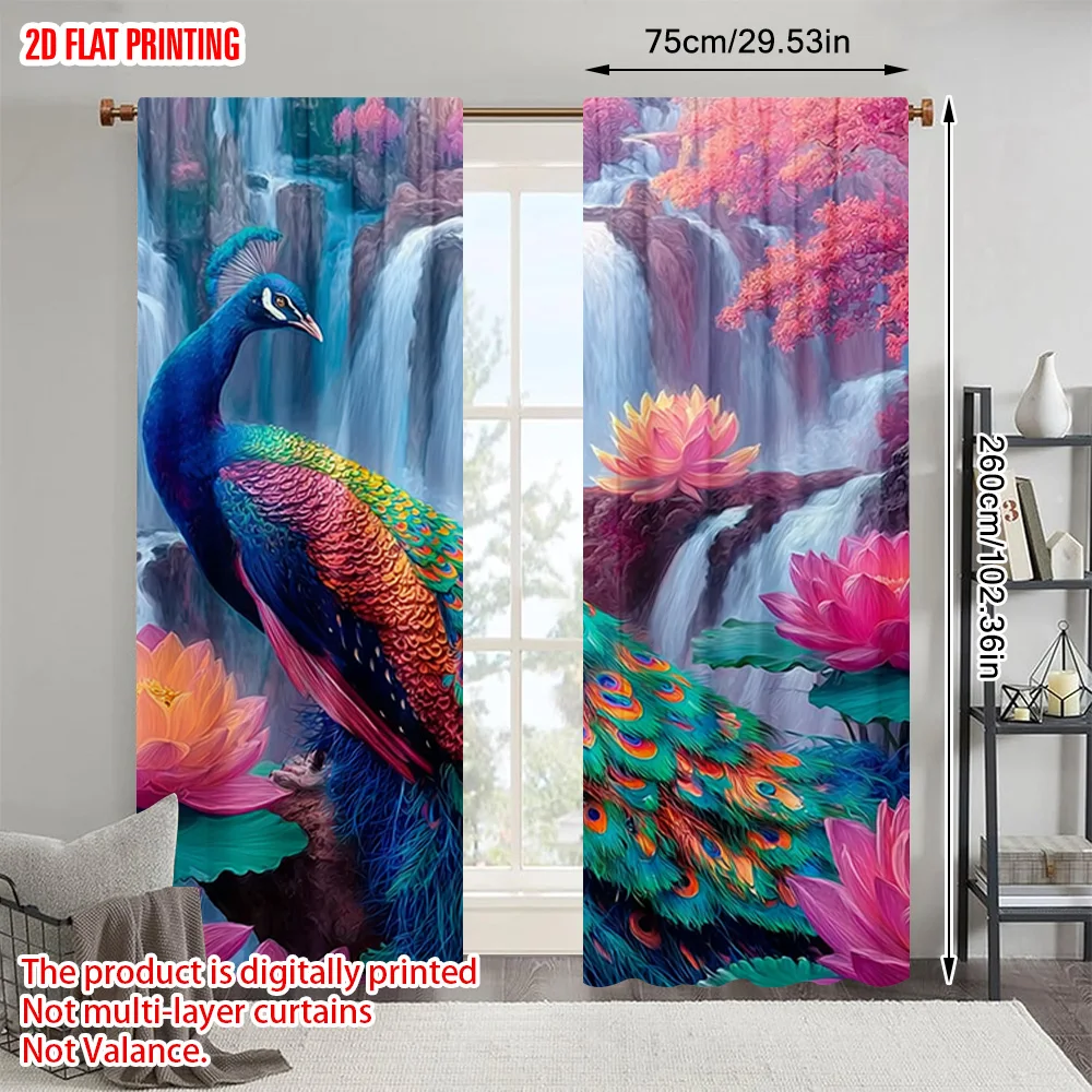 2 قطعة، ستائر طباعة طائرة ثنائية الأبعاد مطبوعة رقمية ملونة تصميم طاووس بوليستر سهل التركيب (بدون قضيب) ديكورات لـ #1