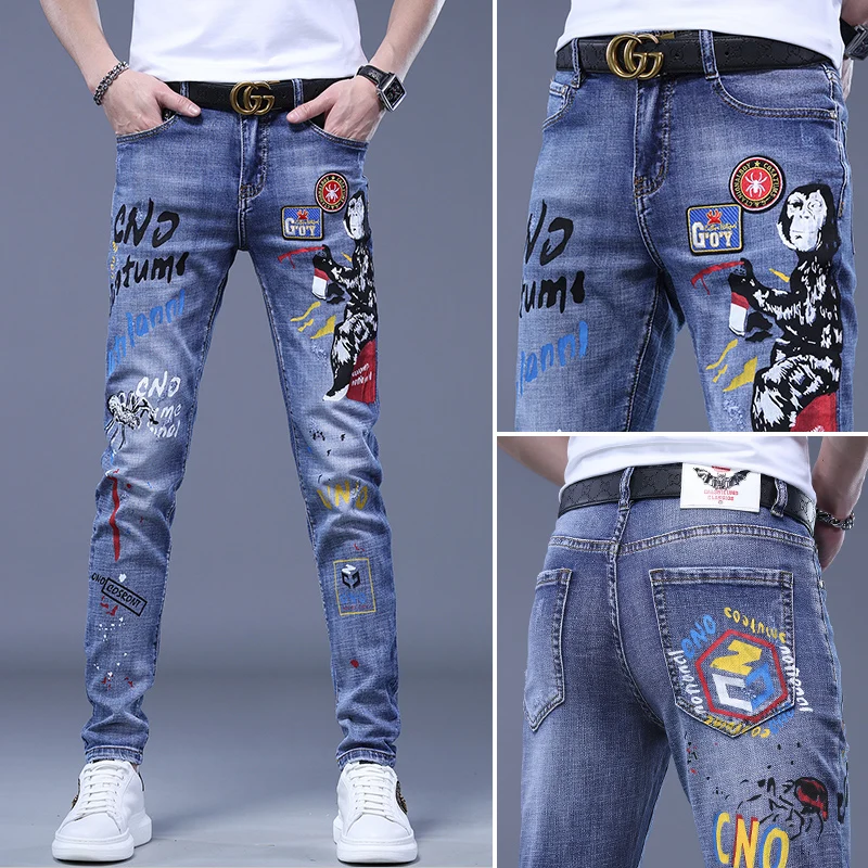 Summer Thin Printed High-End Jeans Men's Rhinestone Slim Fit Skinny Pants European Goods Fashion Brand Casual Stretch Pants